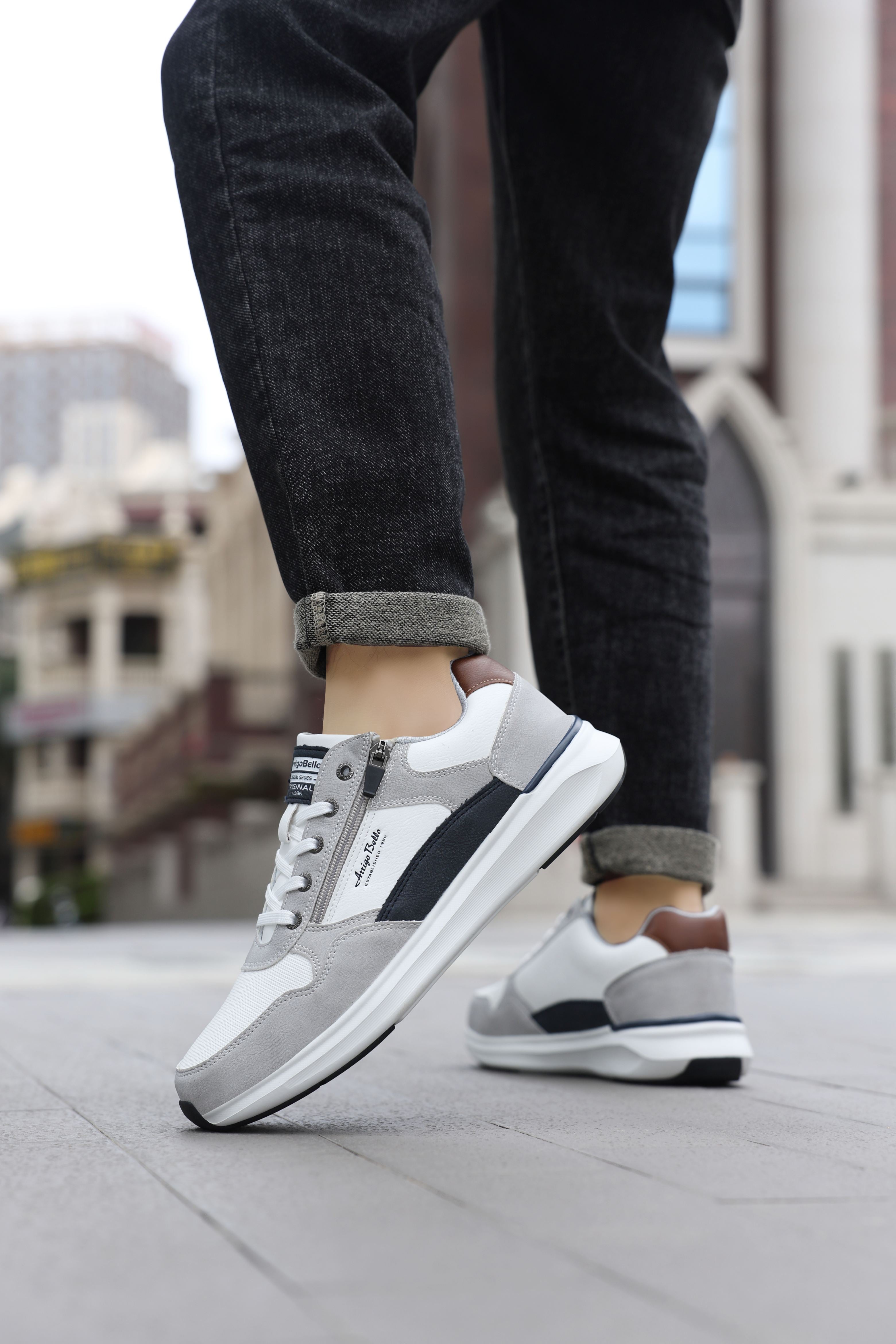 Adidasi casual-sport pentru Barbati, Model Soren, Talpa usoara de spuma, Piele ecologica, Fermoar functional, Arrigo Bello, Alb