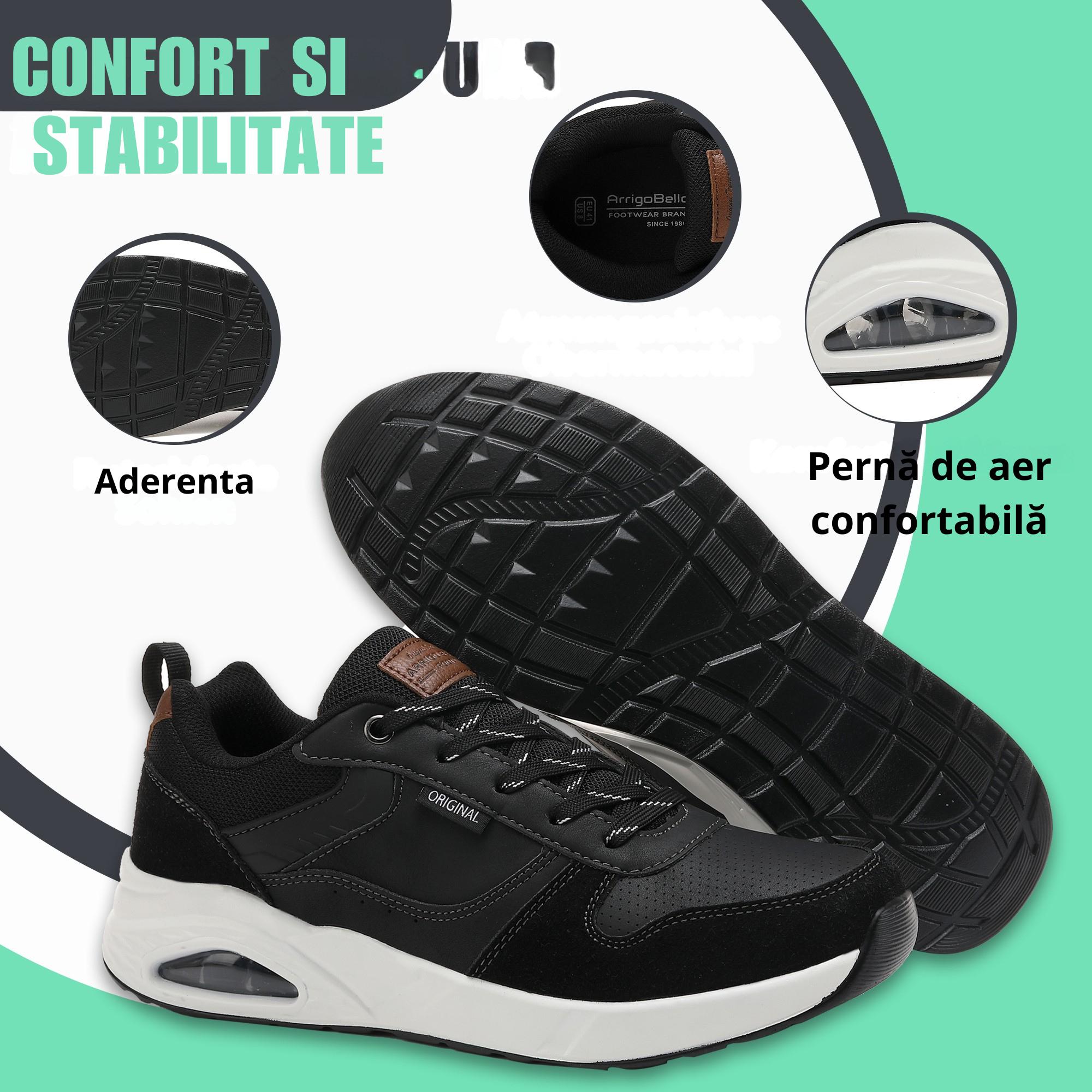 Adidasi casual-sport pentru Barbati, Model Logan, Piele ecologica Premium, Talpa inalta, Ax Boxing, Negru