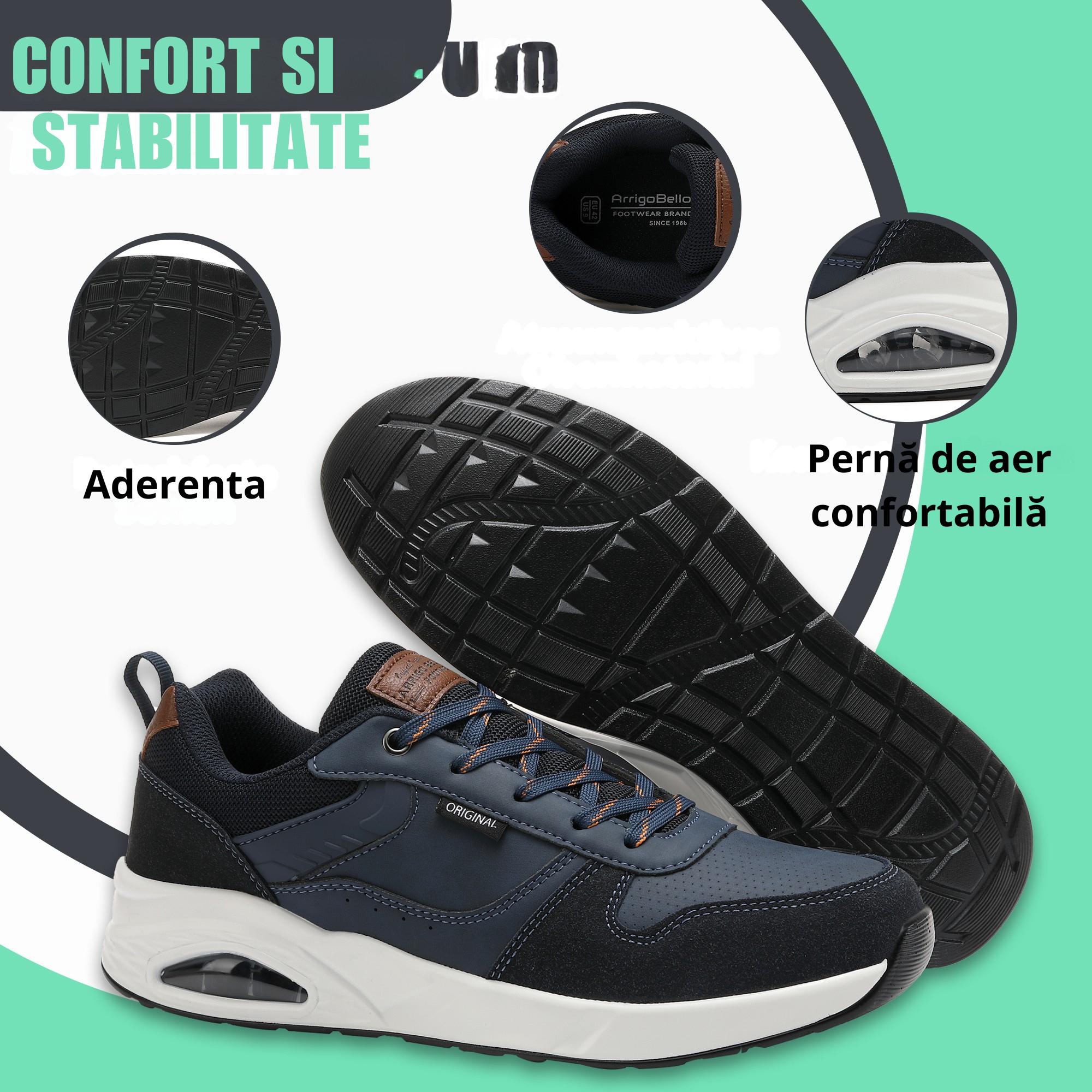 Adidasi casual-sport pentru Barbati, Model Logan, Piele ecologica Premium, Talpa inalta, Ax Boxing, Bleumarin