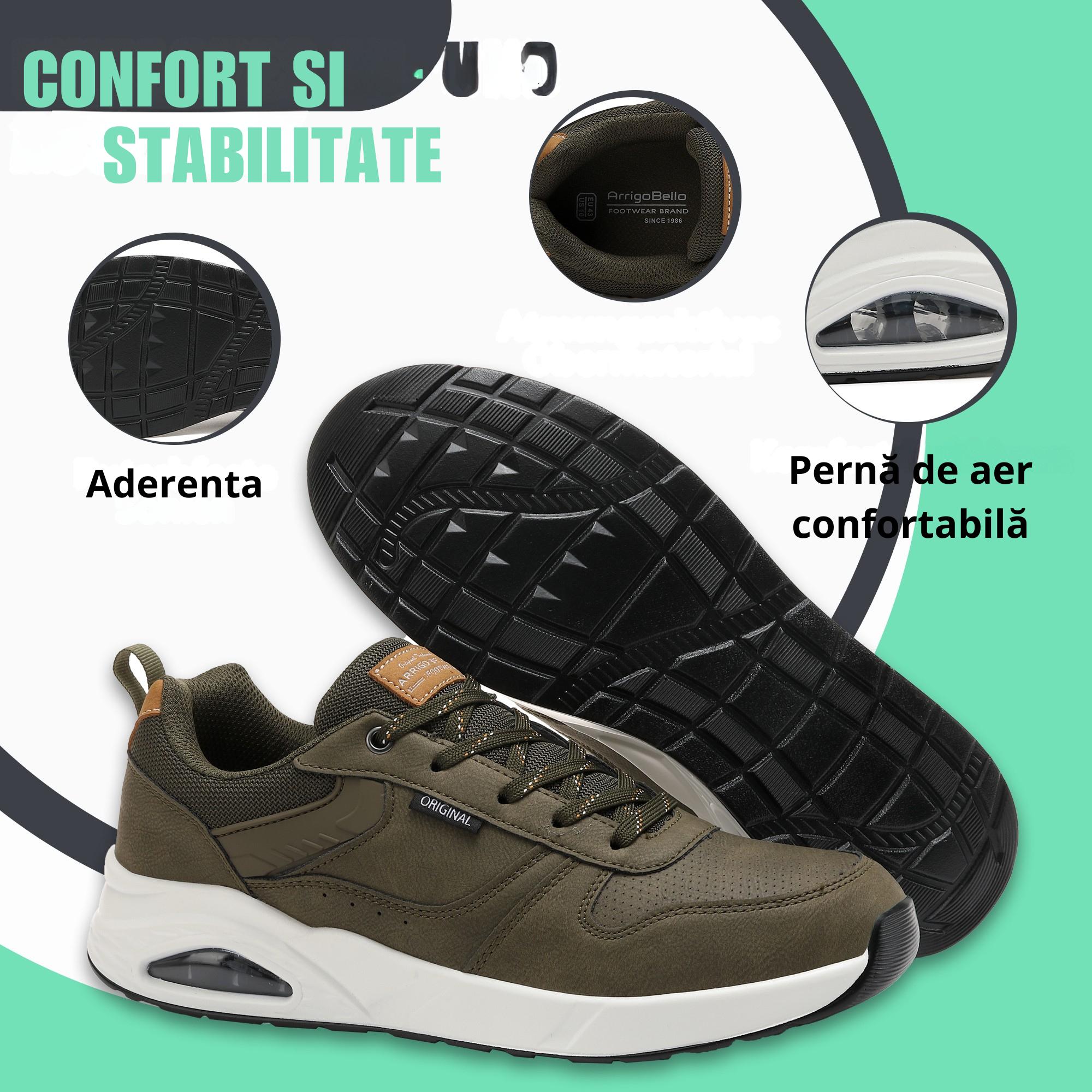 Adidasi casual-sport pentru Barbati, Model Logan, Piele ecologica Premium, Talpa inalta, Ax Boxing, Khaki