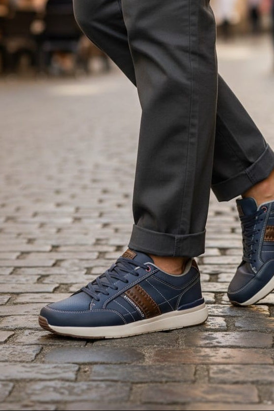 Adidasi Sport-Casual pentru Bărbați, Model Ian, Piele Ecologică Premium, Talpă Spumă, Usori, Confortabili, Arrigo Bello ,Albastru