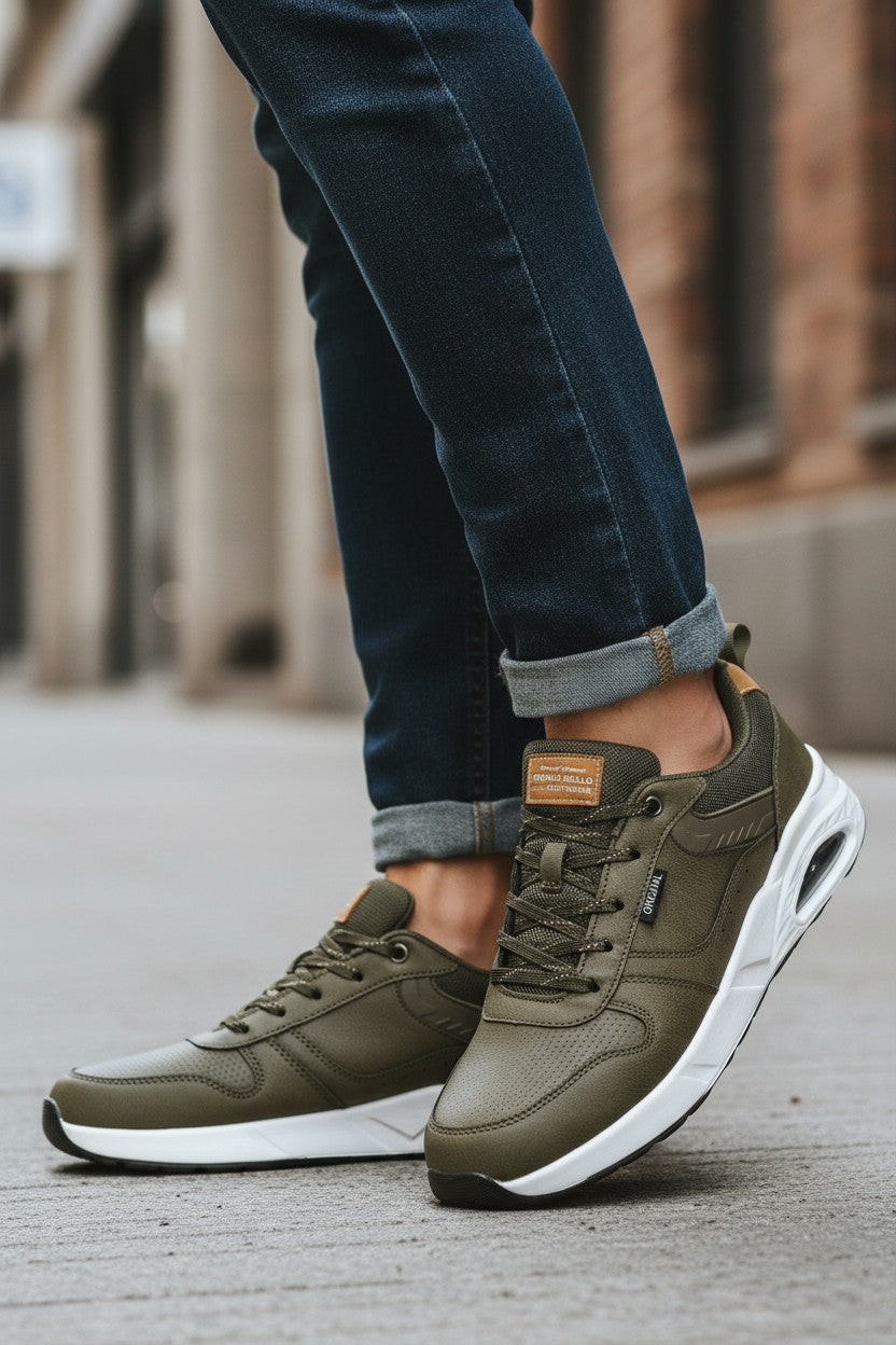 Adidasi casual-sport pentru Barbati, Model Logan, Piele ecologica Premium, Talpa inalta, Ax Boxing, Khaki