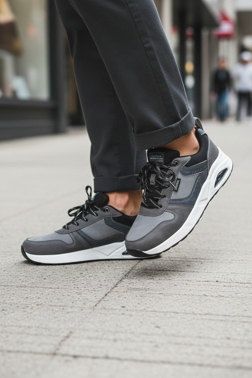 Adidasi casual-sport pentru Barbati, Model Logan, Piele ecologica Premium, Talpa inalta, Ax Boxing,Gri