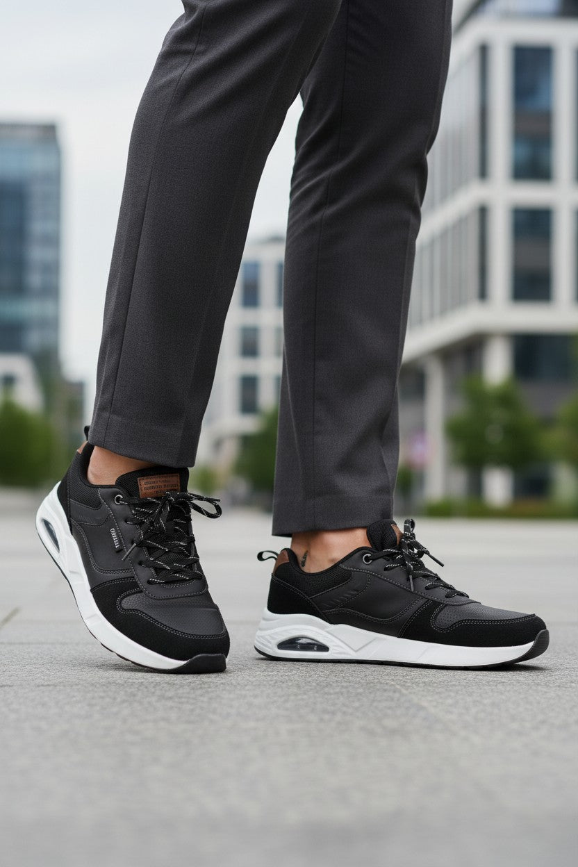 Adidasi casual-sport pentru Barbati, Model Logan, Piele ecologica Premium, Talpa inalta, Ax Boxing, Negru