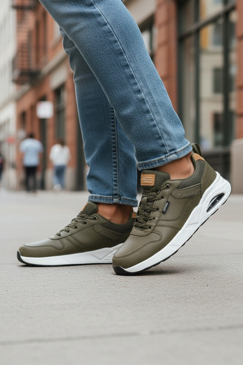 Adidasi casual-sport pentru Barbati, Model Logan, Piele ecologica Premium, Talpa inalta, Ax Boxing, Khaki