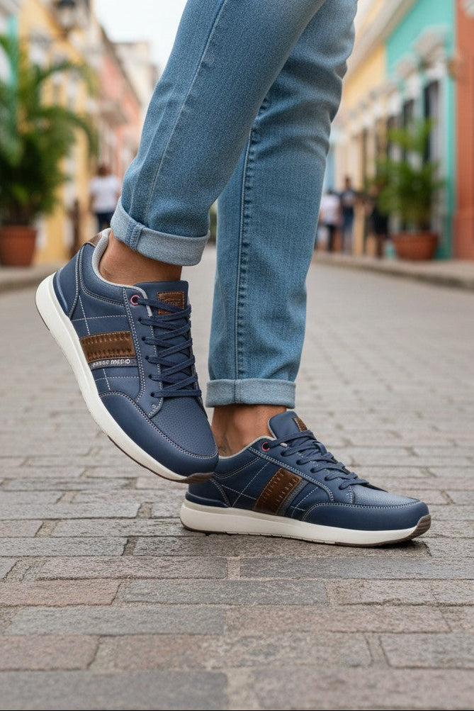 Adidasi Sport-Casual pentru Bărbați, Model Ian, Piele Ecologică Premium, Talpă Spumă, Usori, Confortabili, Arrigo Bello ,Albastru