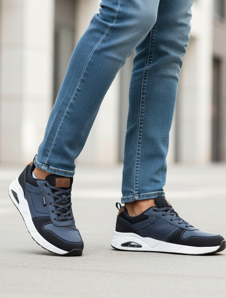Adidasi casual-sport pentru Barbati, Model Logan, Piele ecologica Premium, Talpa inalta, Ax Boxing, Bleumarin