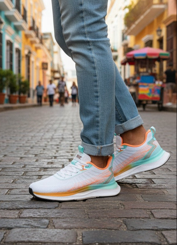 Adidasi sport pentru Barbati, Model Noah, Realizati din Panza, Talpa usoara din Spuma,Brant Memory, Ax Boxing,Alb-orange