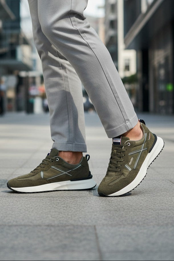 Adidasi casual pentru Barbati,Model Sirio, piele ecologică și piele întoarsă, talpă ușoară confortabilă,Arrigo Bello, Khaki