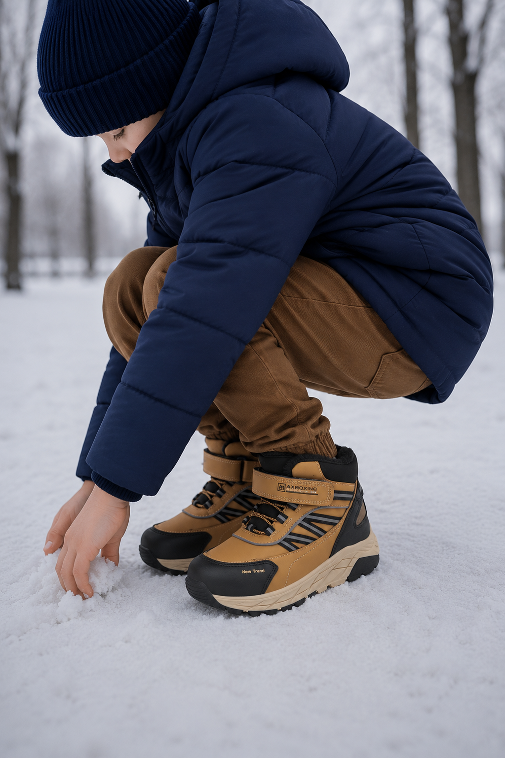 Ghete sport Baieti, Model Dorian, Imblanite,Talpa Inalta, Piele Ecologica, Siret elastic si Arici, Pentru Iarna  Ax Boxing, Camel