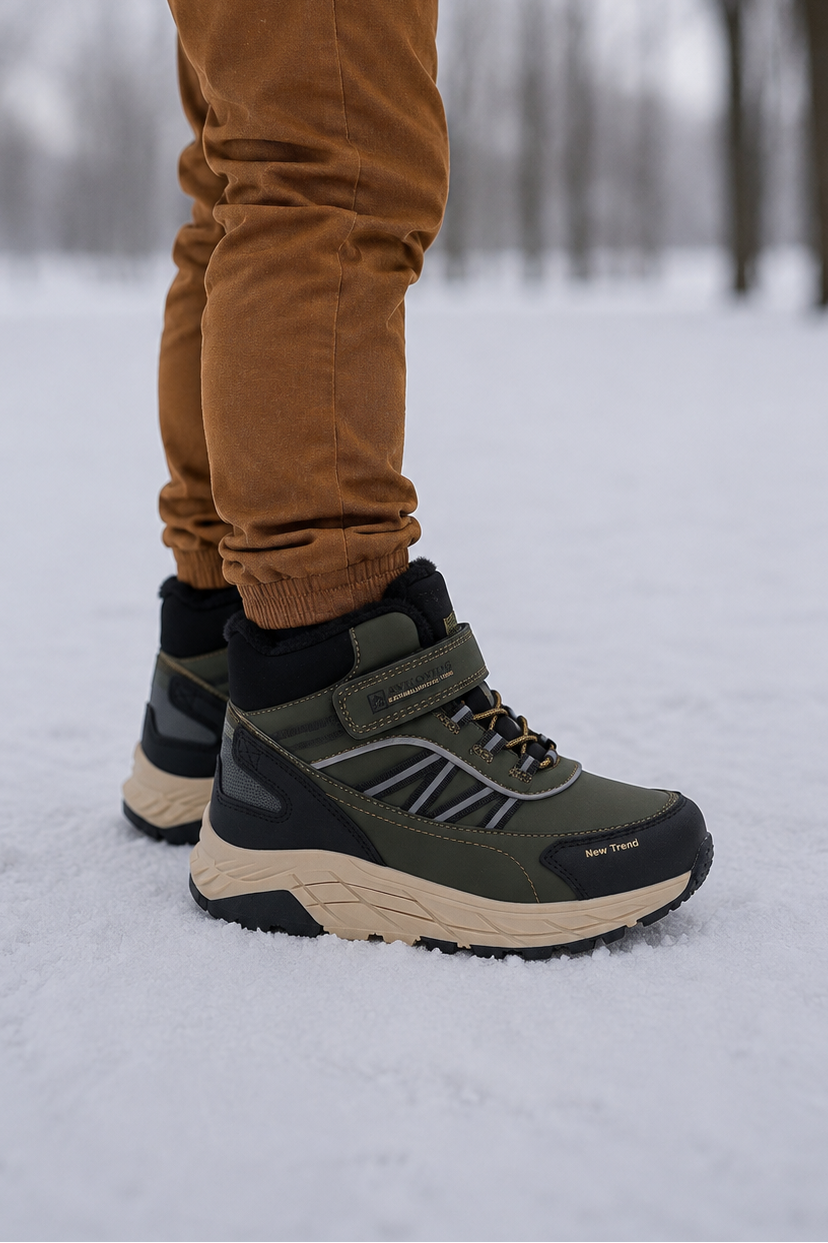 Ghete sport Baieti, Model Dorian, Imblanite,Talpa Inalta, Piele Ecologica, Siret elastic si Arici, Pentru Iarna  Ax Boxing, Khaki