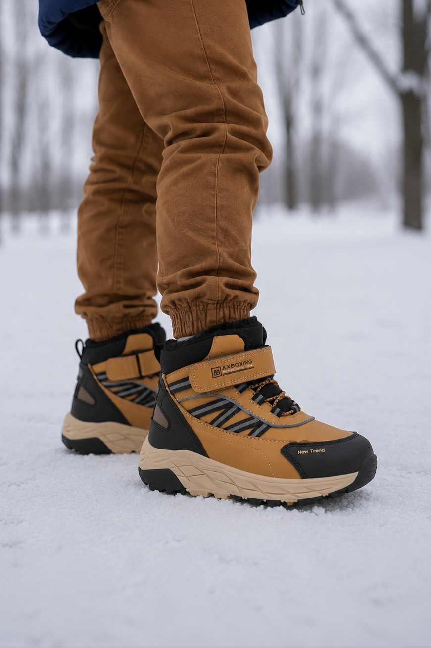 Ghete sport Baieti, Model Dorian, Imblanite,Talpa Inalta, Piele Ecologica, Siret elastic si Arici, Pentru Iarna  Ax Boxing, Camel