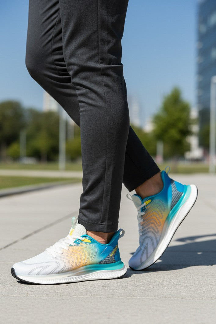 Adidasi Sport pentru Barbati, Model Daro, Talpa Usoara din Spuma, Panza subtire, Confortabili, Ax Boxing, Albastru-galben